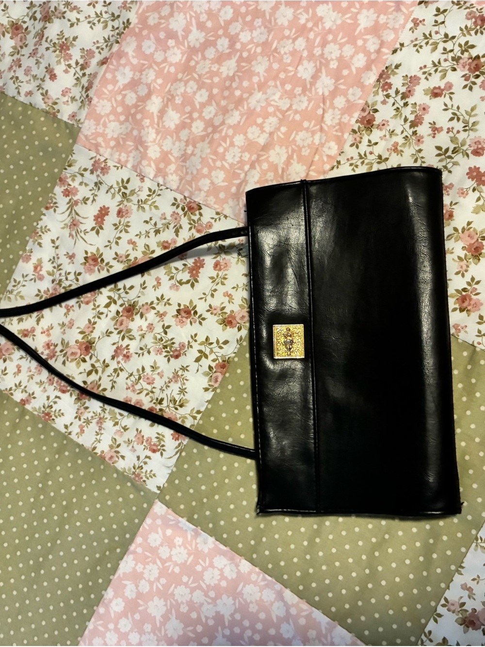 Vintage black Leather Shoulder Bag with Gold Accent